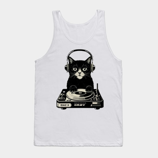 Black Cat DJ Crazy Vintage Funny Cat Tank Top by Ratchyshop